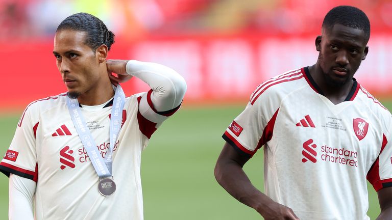 Virgil van Dijk and Ibrahima Konate after Liverpool's loss at Wembley