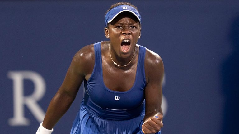 Victoria Mboko of Canada reacts during her match against Marie Bouzkova of Czechia during third round tennis action at the National Bank Ope