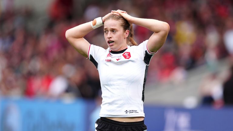 Wales' Lisa Neumann appears dejected during the Women's Rugby World Cup 2025 Pool B match against Canada