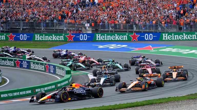 FILE - Red Bull driver Max Verstappen of the Netherlands leads the field after the start of the Formula One Dutch Grand Prix race at the Zandvoort racetrack, Netherlands, Sunday, Aug. 25, 2024. (AP Photo/Peter Dejong, File)
