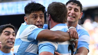 Argentina players celebrate a try Julian Montoya during the Rugby Championship win against Australia