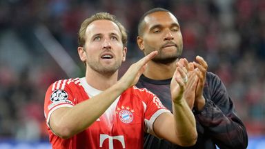 Bayern Munich forward Harry Kane applauds fans at the end of the Champions League game against Chelsea