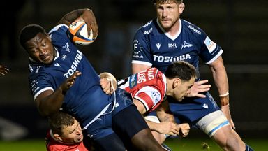 New Sale signing Nathan Jibul is tackled during the Sharks' opening-night win over Gloucester