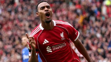 Ryan Gravenberch wheels away to celebrate after opening the scoring for Liverpool in the Merseyside derby