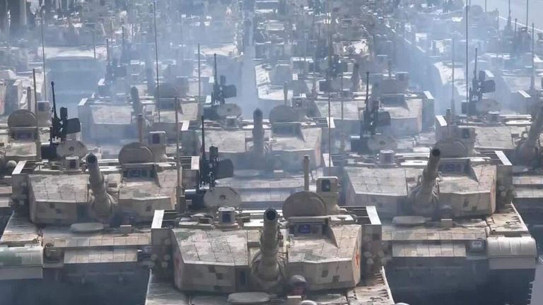 Tanks lined up during China's military parade