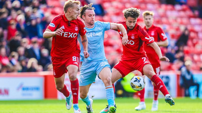 ABERDEEEN, SCOTLAND - SEPTEMBER 20: Aberdeen's Topi Keskinen (L) and Adil Aouchiche (R) and Motherwell's Lukas Fadinger in action during a Premier Sports Cup Quarter-Final match between Aberdeen and Motherwell at Pittodrie Stadium , on September 20, 2025, in Aberdeen, Scotland. (Photo by Craig Foy / SNS Group)