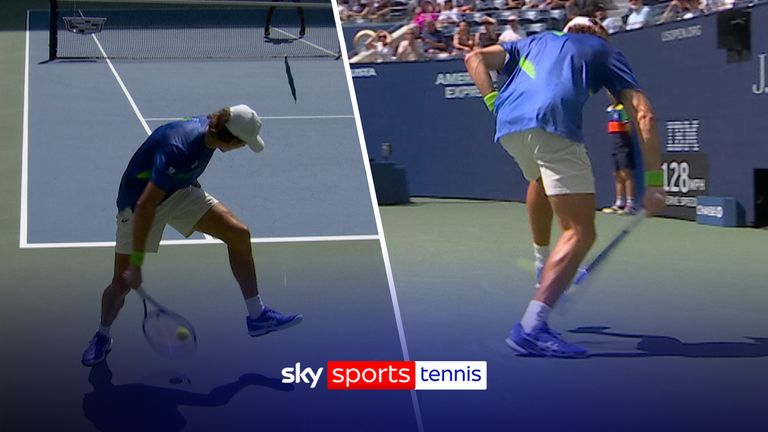 Alex de Minaur pulls off an incredible tweener shot in second game of the second set and wins the point in the quarter-finals of the US Open against Felix Auger-Alisassime. 