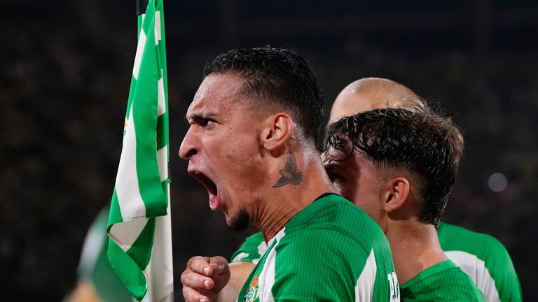 Real Betis' Antony celebrates after scoring Real Betis' equaliser against Nottingham Forest
