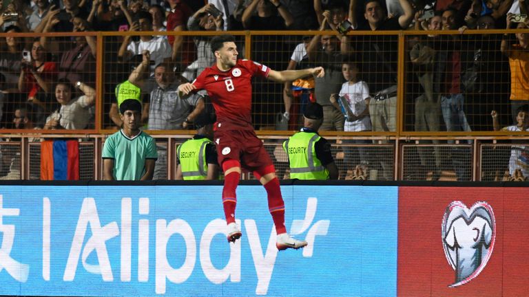Armenia's Eduard Spertsyan celebrates after scoring his side's first goal during a World Cup 2026 group F qualifying soccer match between Armenia and Ireland at the Vazgen Sargsyan stadium in Yerevan, Armenia, Tuesday, Sept. 9, 2025. (AP Photo/Hakob Berberyan)