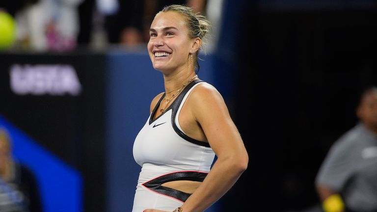 Aryna Sabalenka, of Belarus, reacts after defeating Cristina Bucsa, of Spain, during the fourth round of the US Open tennis championships, S