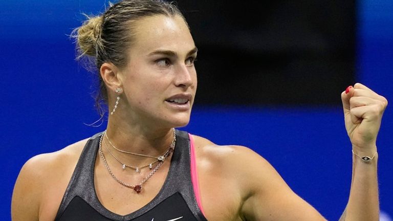Aryna Sabalenka, of Belarus, reacts after winning a match against Jessica Pegula, of the United States, during the women's singles semifinal
