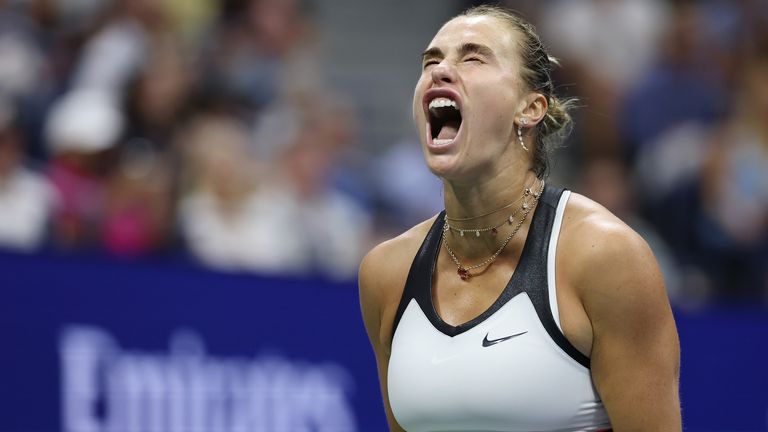 Aryna Sabalenka reacts against Amanda Anisimova of the United States during their Women's Singles Final match on Day Fourteen of the 2025 US