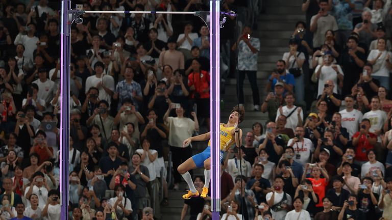 Armand DUPLANTIS of Sweden competes during Men's Pole Vault of the World Athletics Championships at Japan National Stadium in Tokyo on Monday, September 15, 2025. Swedish Armand DUPLANTIS set the new world record to achieve a height of 6.30m. ( The Yomiuri Shimbun via AP Images )