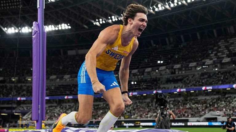 Sweden's Armand Duplantis reacts after setting a world record in the men's pole vault final at the World Athletics Championships in Tokyo, Monday, Sept. 15, 2025. (AP Photo/Ashley Landis)