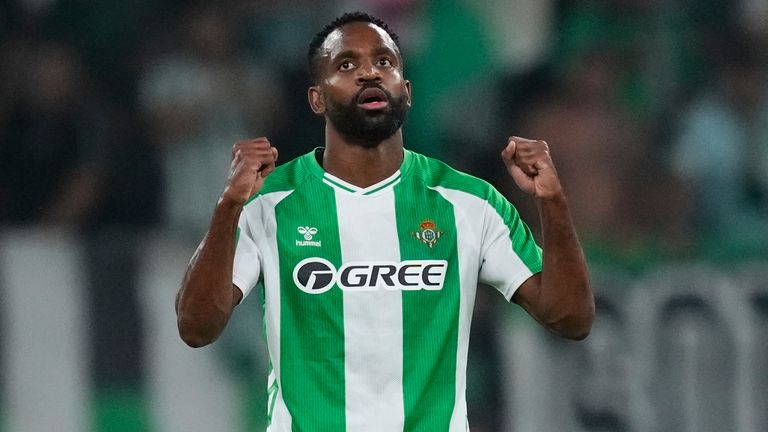 Betis' Cedric Bakambu reacts after scoring during the Europa League soccer match between Real Betis and Nottingham Forest