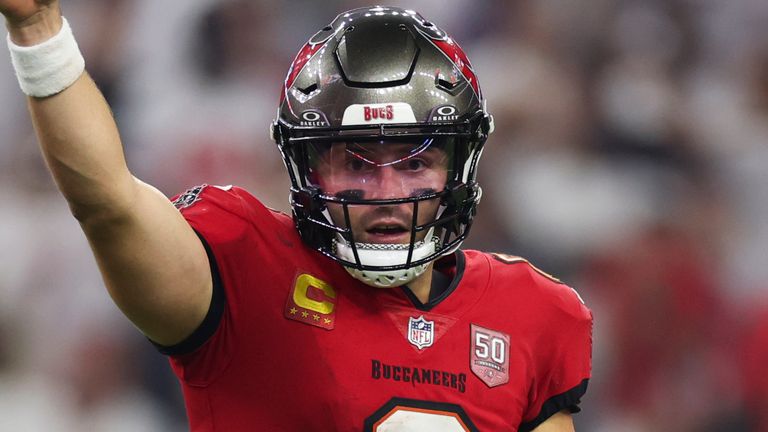 Baker Mayfield celebrates one of his two touchdown passes in the Tampa Bay Buccaneers' Monday night win over the Houston Texans