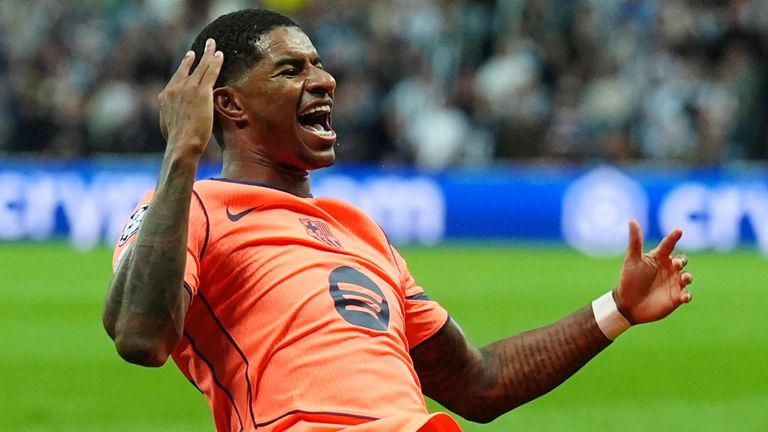 Barcelona's Marcus Rashford celebrates scoring against Newcastle