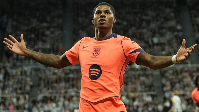 Barcelona's Marcus Rashford celebrates after scoring his second goal against Newcastle
