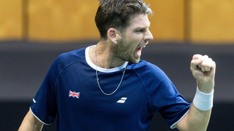 Cameron Norrie celebrates a wining point against Poland's Tomasz Berkieta
