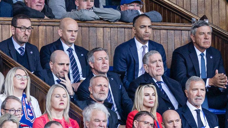 GLASGOW, SCOTLAND - AUGUST 31: Rangers Sporting Director Kevin Thelwell, Rangers CEO Patrick Stewart, Rangers Vice Chairman Paraag Marathe, Rangers Chairman Andrew Cavenagh (back row), Rangers Director Fraser Thornton and Douglas Park during a William Hill Premiership match between Rangers and Celtic at Ibrox Stadium, on August 31, 2025, in Glasgow, Scotland. (Photo by Craig Foy / SNS Group)