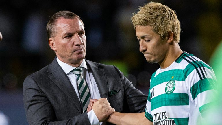 ALMATY, KAZAKHSTAN - AUGUST 26: Celtic&#39;s Daizen Maeda (R) and Manager Brendan Rodgers look dejected at full time during a UEFA Champions League Play-Off Secong Leg match between Kairat Almaty and Celtic at the Almaty Ortalyk Stadion, on August 26, 2025, in Almaty, Kazakhstan.  (Photo by Craig Williamson / SNS Group)