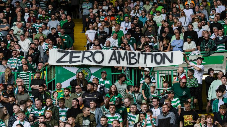 GLASGOW, SCOTLAND - AUGUST 23: Celtic fans hold a banner reading "Zero Ambition" a William Hill Premiership match between Celtic and Livingston at Celtic Park, on August 23, 2025, in Glasgow, Scotland. (Photo by Craig Foy / SNS Group)