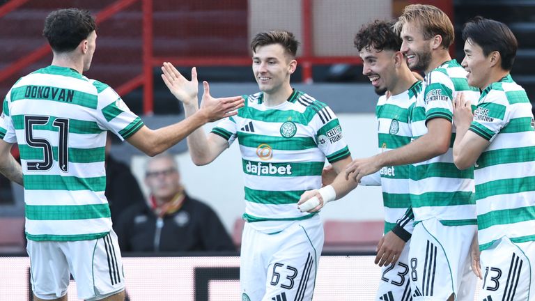 GLASGOW, SCOTLAND - SEPTEMBER 21: Celtic...s Sebastian Tounekti celebrates after scoring to make it 3-0 with Kieren Tierney during a Premier Sports Cup Quarter-Final match between Partick Thistle and Celtic at The Wyre Stadium at Firhill, on September 21, 2025, in Glasgow, Scotland. (Photo by Ross MacDonald / SNS Group)