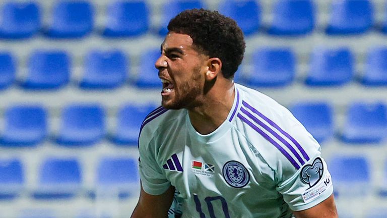 Scotland's Che Adams celebrates scoring to make it 1-0 against Belarus