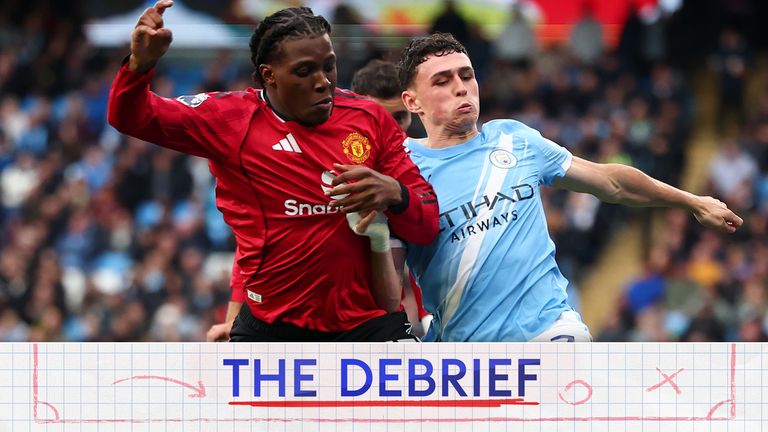 Patrick Dorgu wins a challenge against Phil Foden in the Manchester derby