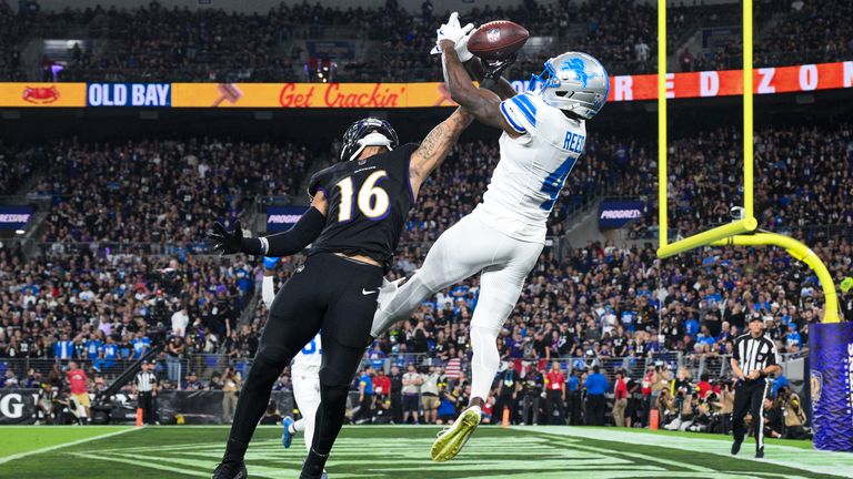 Detroit Lions cornerback DJ. Reed (4) breaks up a pass intended for Baltimore Ravens wide receiver Tylan Wallace (16) during the second half of an NFL football game Monday, Sept. 22, 2025, in Baltimore. (AP Photo/Nick Wass)