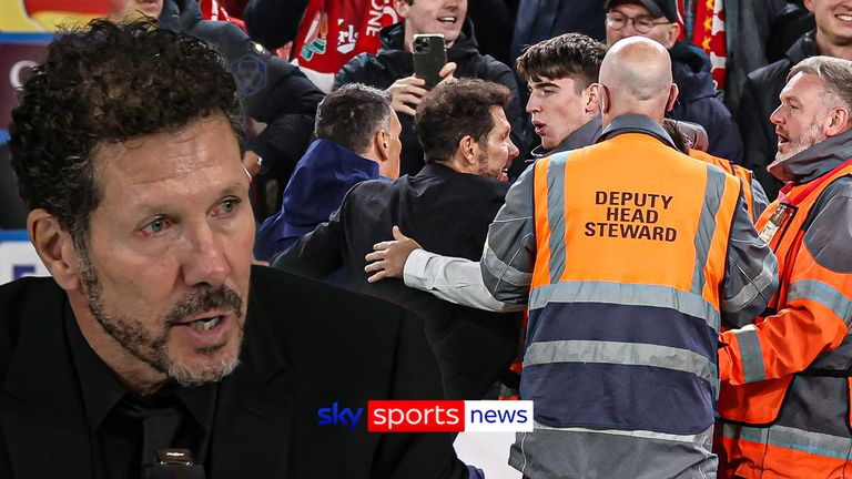 Atletico de Madrid head coach Diego Simeone talks after their match with Liverpool