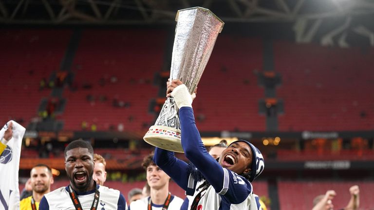 Tottenham Hotspur's Djed Spence with the trophy following the UEFA Europa League final at the Estadio de San Mames in Bilbao, Spain. 