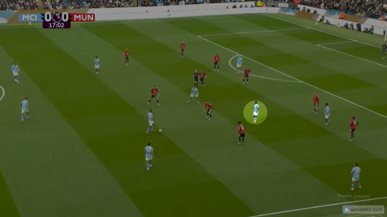 Doku collected Rodri's pass in the right half-space before setting up Man City's first goal against Man Utd
