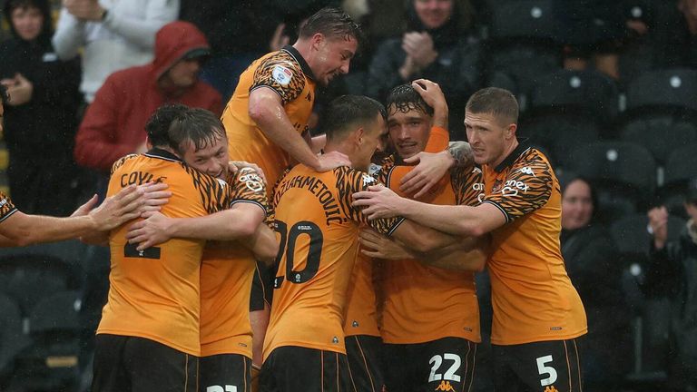 Hull players celebrate Kyle Joseph's goal against Southampton