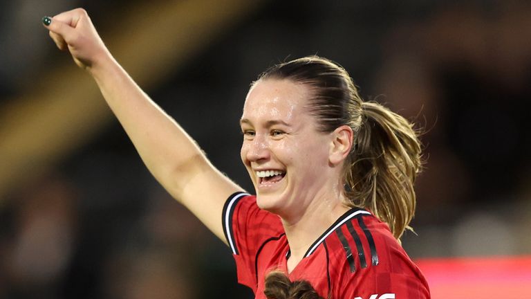 Elisabeth Terland of Manchester United celebrates scoring her second goal against Brann
