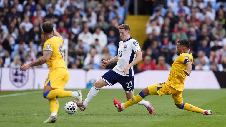 Elliot Anderson at work for England on his international appearance against Andorra at Villa Park