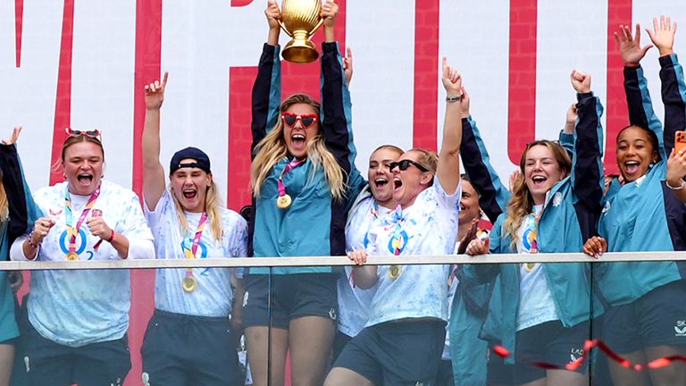 England's Red Roses celebrate their World Cup triumph at Battersea Power Station