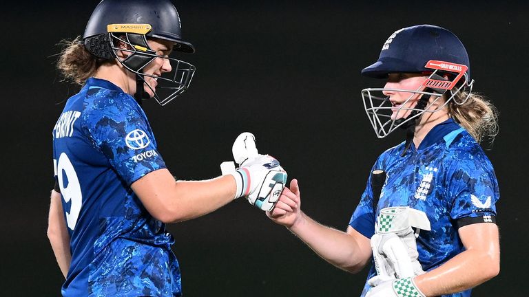 England's Nat Sciver-Brunt and Emma Lamb celebrate in Bengaluru