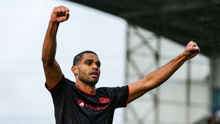 St Mirren's Mikael Mandron celebrates scoring to make it 2-0 during the game against Falkirk
