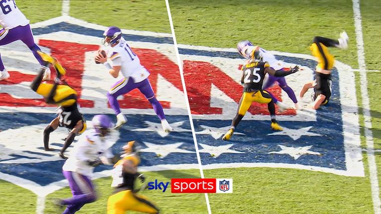 Minnesota Vikings got lucky when Carson Wentz just managed to avoid the sack, then fumbled the ball, but their offensive tackle retrieved the ball to retain possession