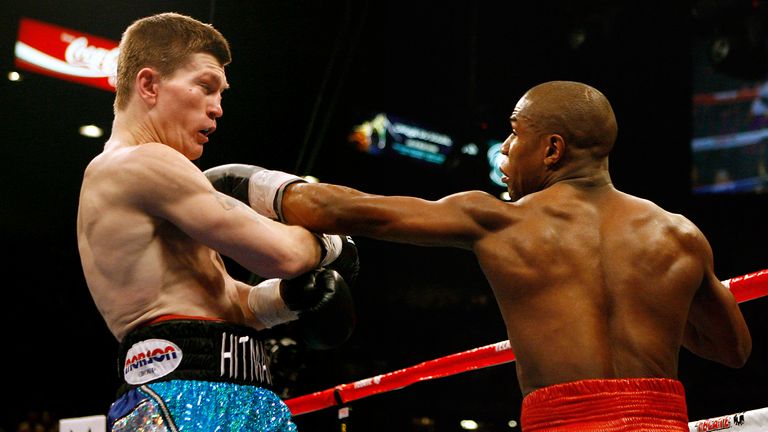 USA's Floyd Mayweather catches England's Ricky Hatton (left) during the WBC Welterweight Title fight at the MGM Grand Garden Arena, Las Vegas, USA.
