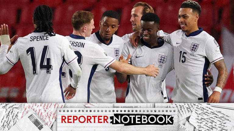 England players celebrate Marc Guehi's goal against Serbia