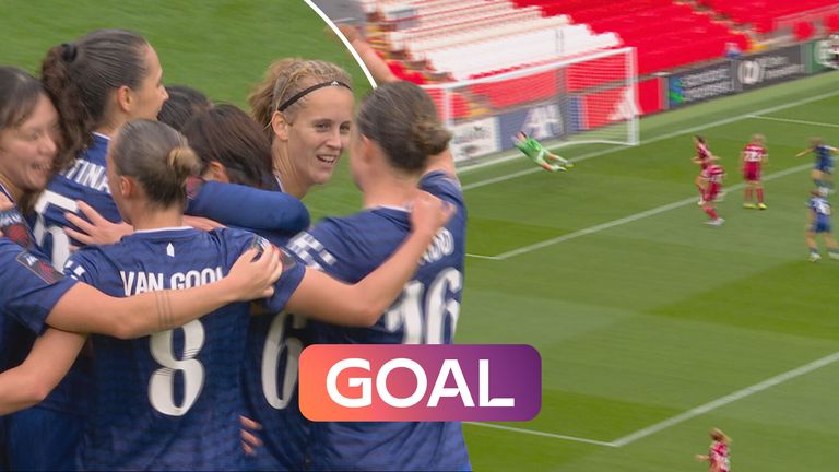 Katja Snoeijs gives Everton the lead in the Merseyside derby with a sublime header.