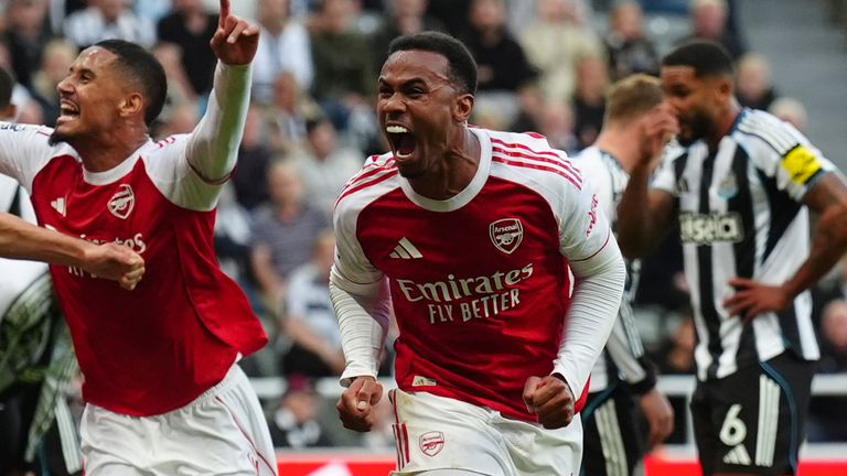 Gabriel celebrates his late winner at Newcastle