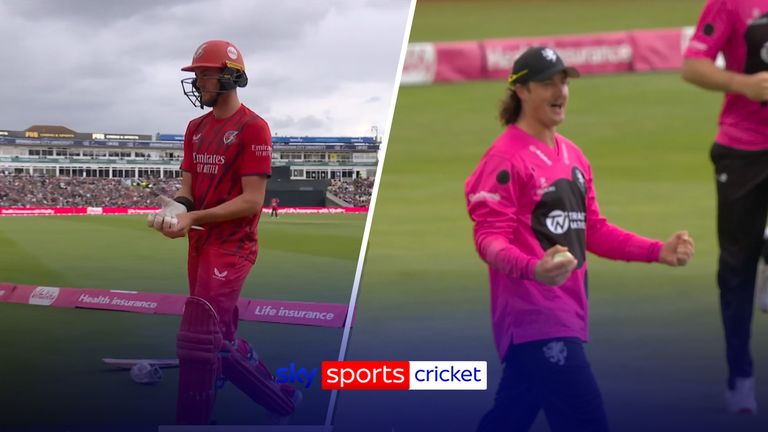 George Balderson has been retired out by Lancashire Lightning
Tom Hartley was the new batter... and he was caught first ball!