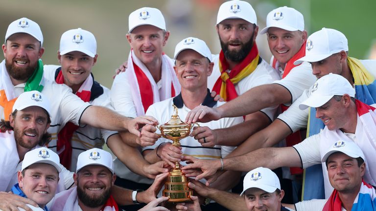 Luke Donald and Team Europe after winning the 2025 Ryder Cup