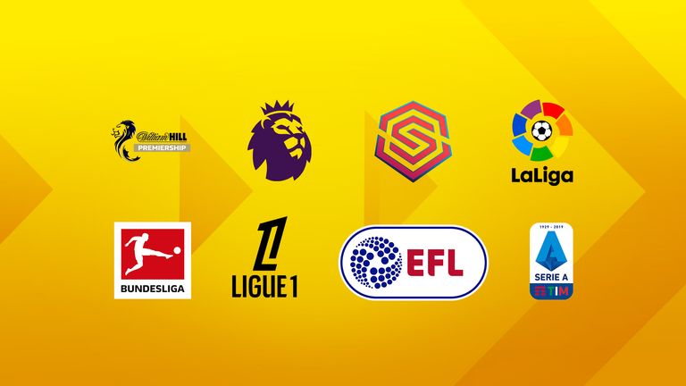 Competition logos for England's top four tiers. the WSL, Bundesliga, LaLiga, Ligue 1, Serie A and the Scottish Premiership