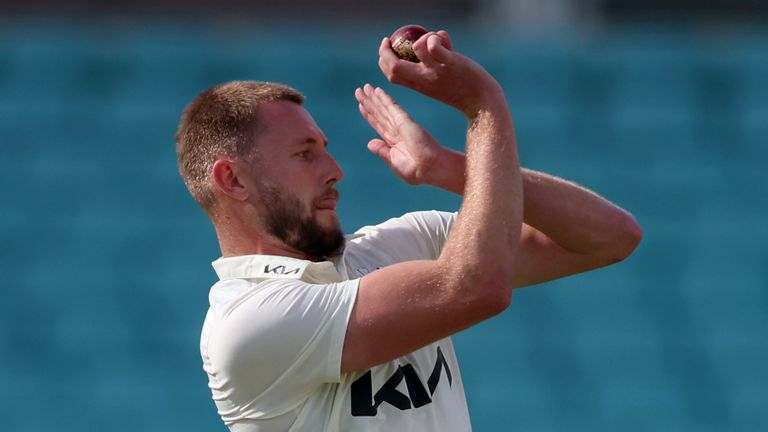 Gus Atkinson of Surrey bowls during the Rothesay County Championship match between Surrey and Nottinghamshire at The Kia Oval