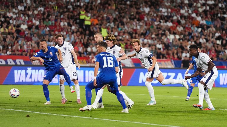 Harry Kane heads England in front against Serbia in Belgrade