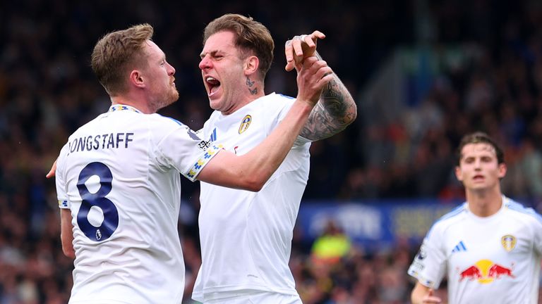 Joe Rodon of Leeds United celebrates scoring his team's first goal